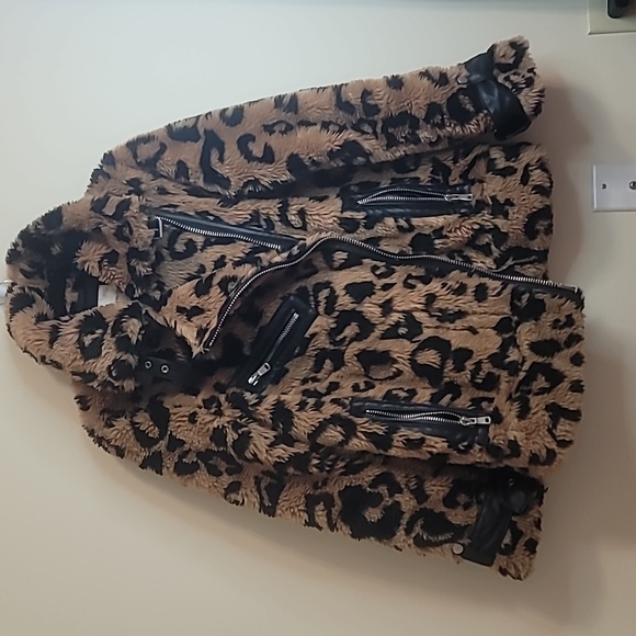 Avex Les Filles leopard print faux fur moto jacket. SMALL - Picture 2 of 15